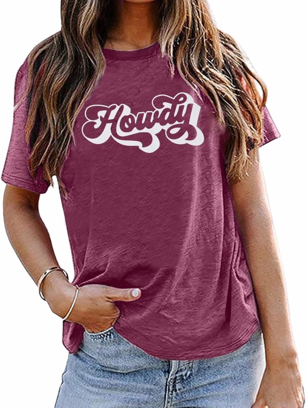 Myhalf Tee Top Berry w/White Howdy Script Women Vintage Feel Short Sleeve XL